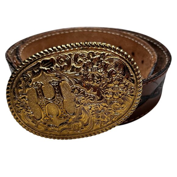 Crumrine Jewelers “H” Buckle Monogram Western Tooled Leather Belt 28 Women - Picture 1 of 7